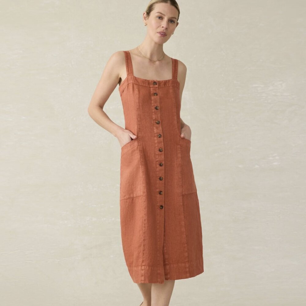 Faherty Linen Sleeveless Button Front A-Line Midi Red Unlined Dress Pockets, S